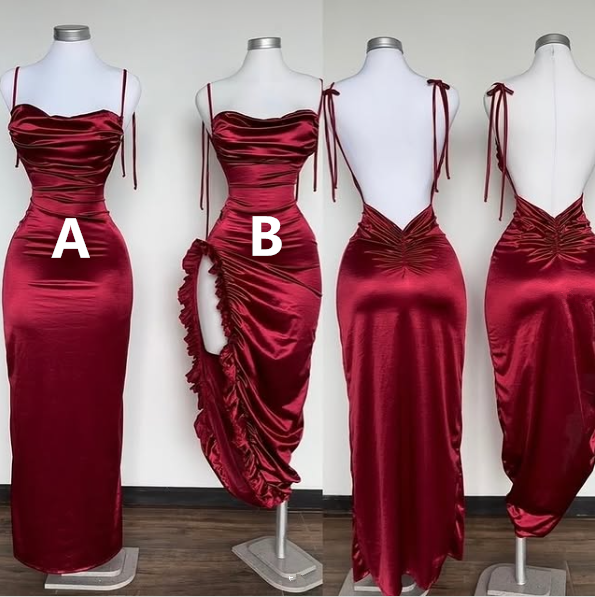 Simple Burgundy Sheath Satin Evening Dress Formal Prom Dress cc2746