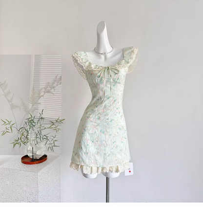 Sweet Floral Mint Green A-Line Short Dress Birthday Dress cc3058