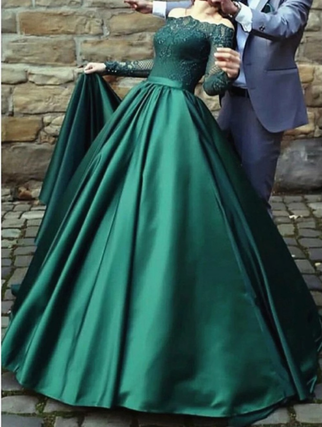 modest dark green party dress, off the shoulder prom dresses ,prom dress with long sleeves, evening gowns with lace C1642
