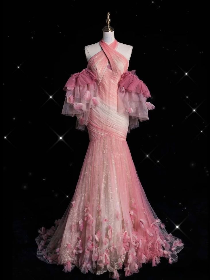 Pink Halter Tulle Lace Appliques Prom Dress Long Mermaid Evening Dress cc2458