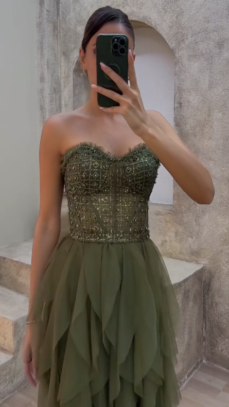 Vintage Green Tulle Beaded A Line Party Dress,Formal Prom Evening Gown cc2653