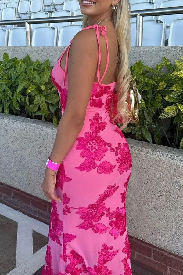 Gorgeous Pink Satin Print Floral Evening Dress Long Mermaid Prom Party Dress cc2139