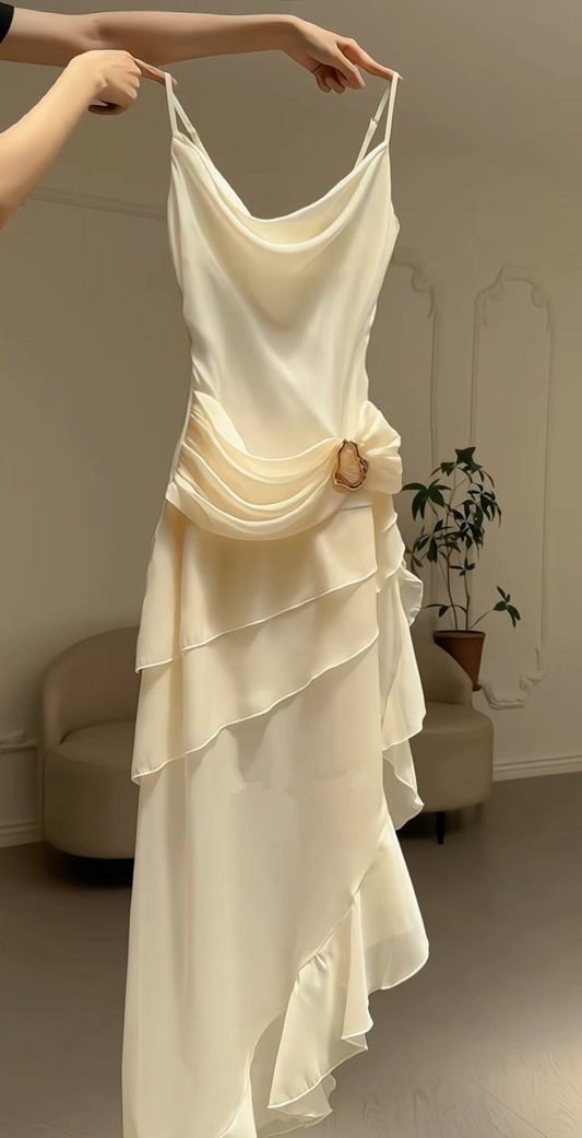 Elegant White Chiffon Spaghetti Straps Ruffles Evening Dress Long Party Prom Dress  cc1863