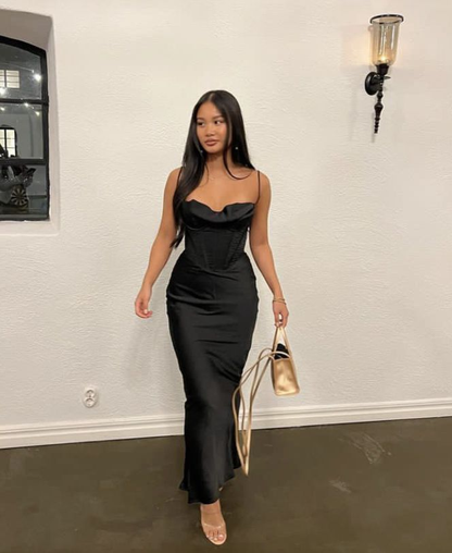 Black Spaghetti Strap Ruched Satin Dresses Women Backless Prom Dress  cc609
