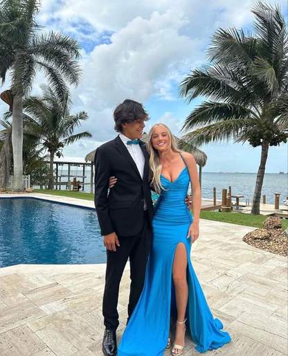 Elegant Blue V Neck Prom Dress With Split,Blue Formal Dress cc1211