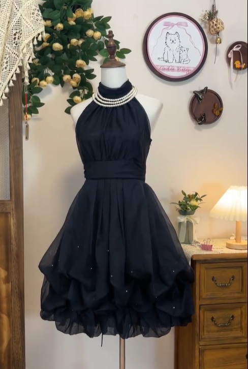 Simple Black Halter Tulle A Line 7th Grade Homecoming Dress Cocktail Dress cc3256