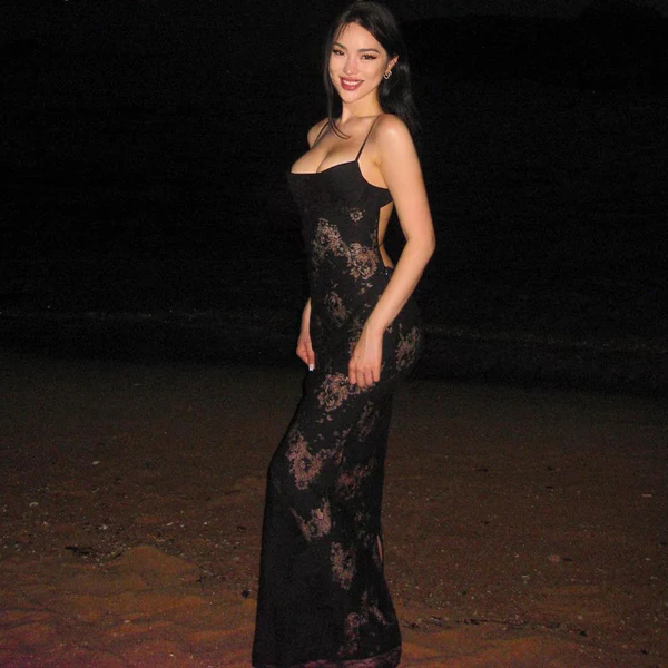 Sexy Black Mermaid Lace Slit Long Prom Dress  Spaghetti Strap See-through Evening Dress cc2435