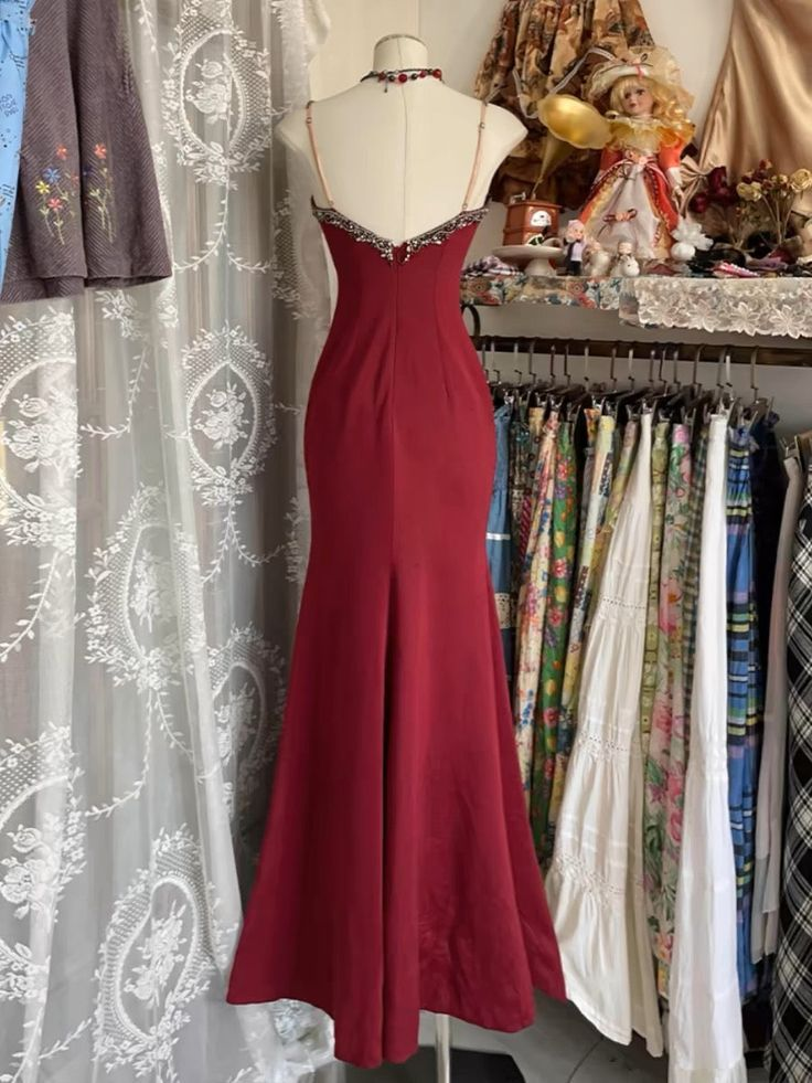 Retro Lace Burgundy Long Prom Dress Mermaid Evening Party Gown  cc3017