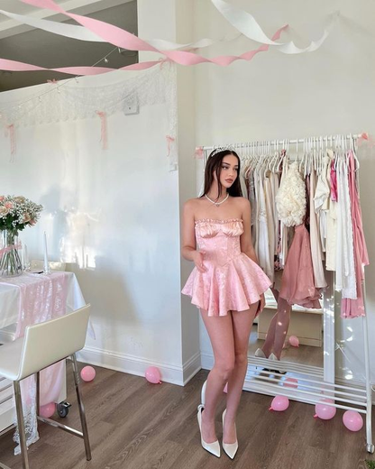 Pretty Pink A Line Satin Print Floral Birthday Dress Homecoming Dress cc2136