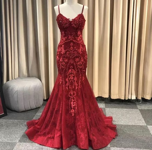 Red Long Mermaid Sweetheart Lace Prom Dress cc955
