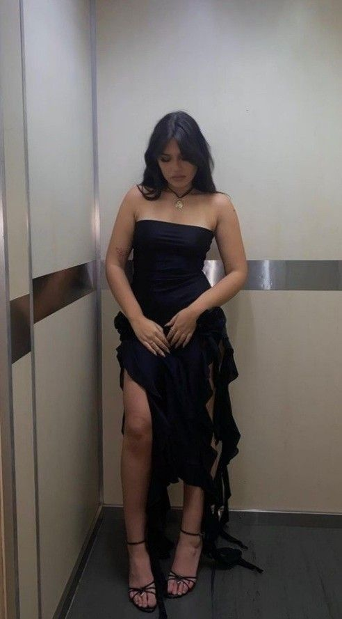 Sexy Black Strapless Black Slit Prom Dress Ruffles Party Dress With Floral cc1856