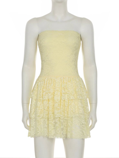 Sweet Yellow Lace Layered A Line Birthday Outfits Strapless Short Homecoming Dress cc3275