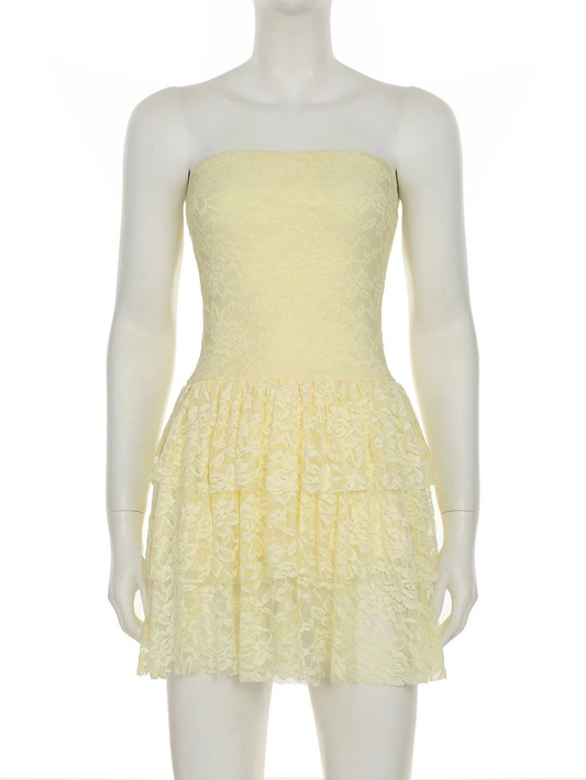 Sweet Yellow Lace Layered A Line Birthday Outfits Strapless Short Homecoming Dress cc3275