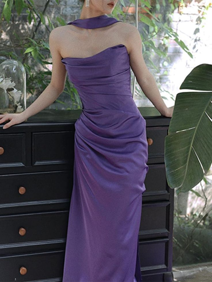 Purple Strapless Ruched Sheath Evening Dress Long Party Gown cc2228