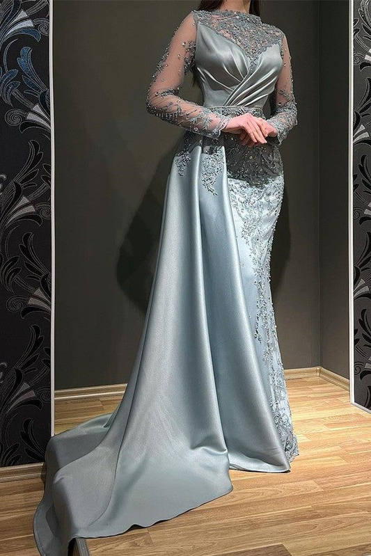Elegant Long Mermaid Jewel Satin Appliques Lace Beading Prom Dress with Sleeves cc686
