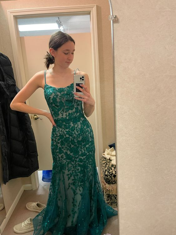 Green Lace Mermaid Evening Dress,Green Evening Gown cc904