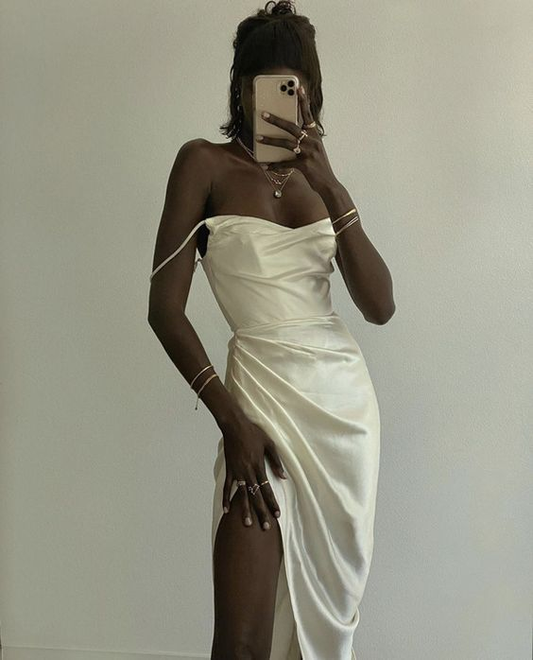 Sexy Ivory Long Prom Dress Satin Slit Evening Dress Party Dress cc1849