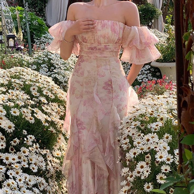 Pretty Chiffon Print Flowers Pink Prom Dress Long Party Evening Dress cc2363
