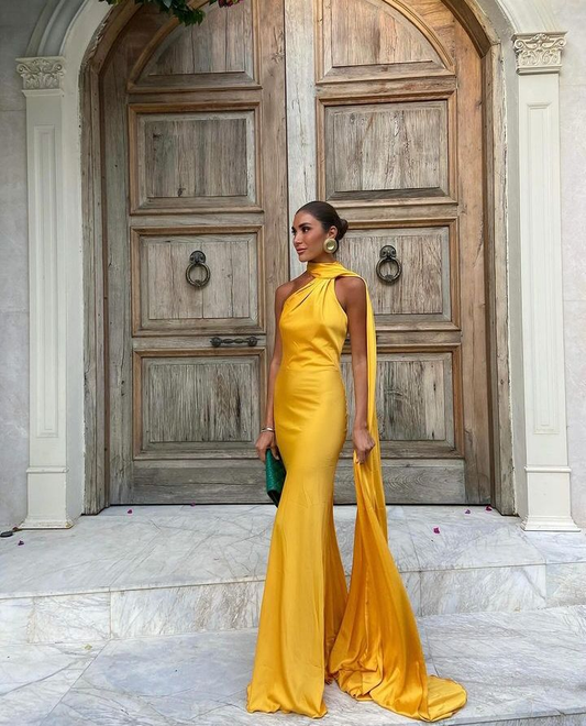 Sexy Halter Yellow Satin Backless Mermaid Evening Dress,Long Party Dress cc2900