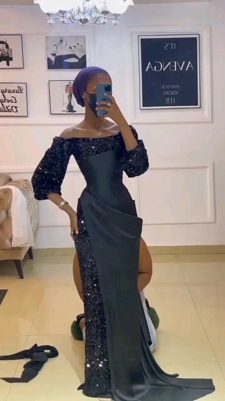 Unique Black Satin Sequins Long Prom Dress Sexy Party Evening Gown cc2243