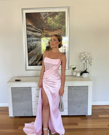 Sexy 17th Birthday Dress Strapless Mermaid Prom Dresses for Black Girls Thigh-High Slits Pleats Beading Birthday Outfits cc1232