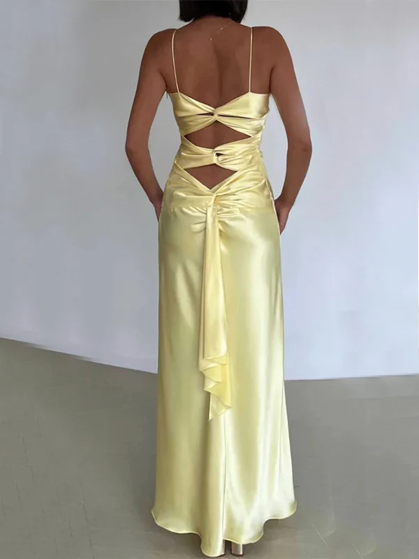 Sexy Spaghetti Strap Yellow Mermaid Satin Evening Prom Dress,Long Party Dress cc2960
