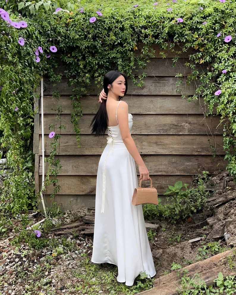 Simple White Satin Spaghetti Straps A Line Party Dress Elegant Prom Dress Evening Gown cc1890