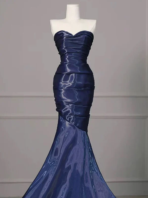 Gorgeous Strapless Navy Blue Evening Dress Ruched Mermaid Prom Party Dress cc2448