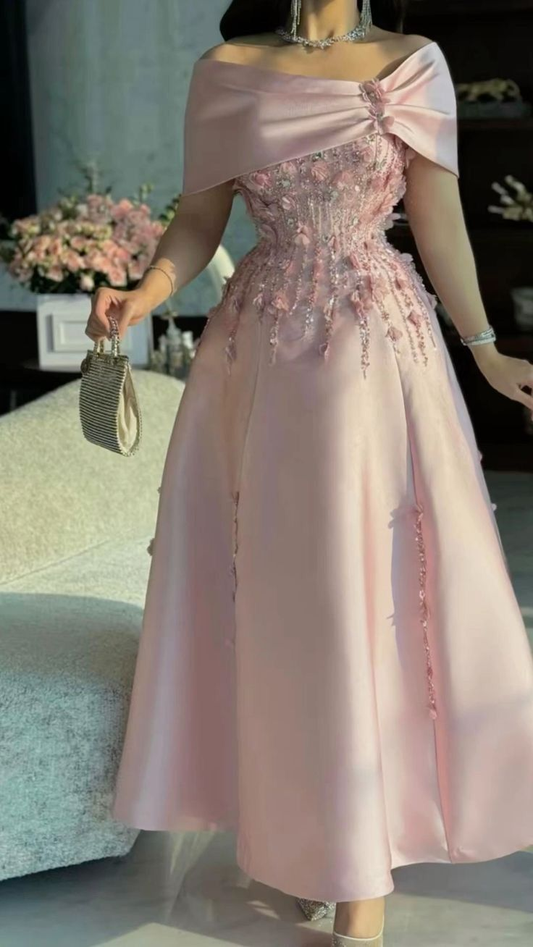 Pink Off The Shoulder Applique Beaded Prom Evening Dress,Formal Party Gown cc2581