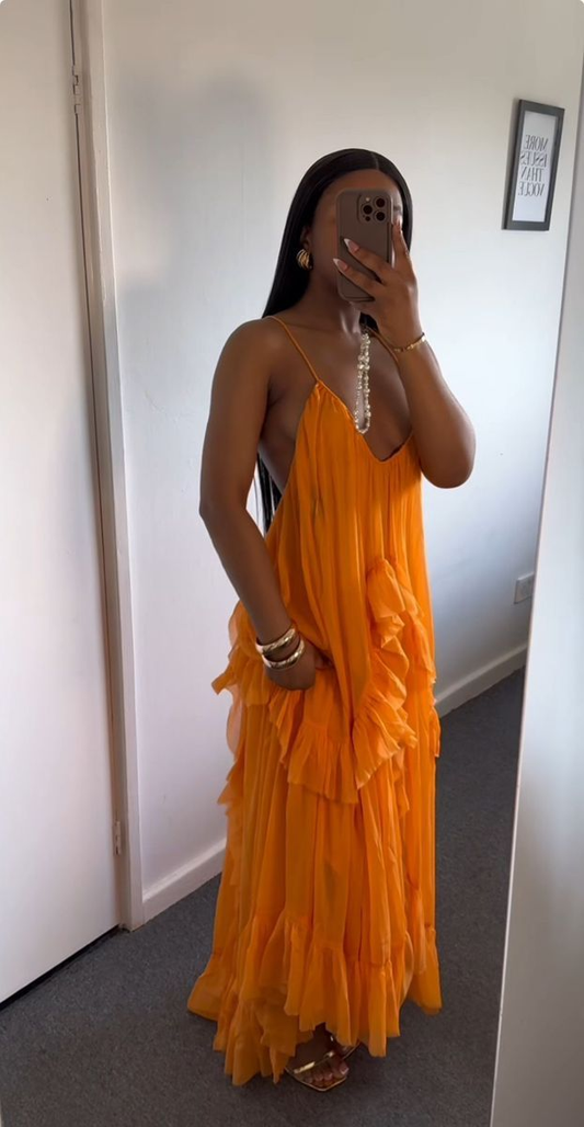 Sexy Orange Chiffon Ruffles Evening Dress Long Prom Party Gown cc2521