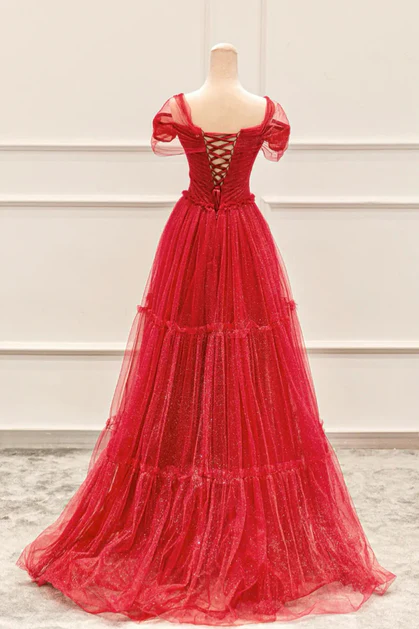 Pretty Red Tulle Off The Shoulder Evening Dress Shiny Sweetheart Prom Party Dress cc2192