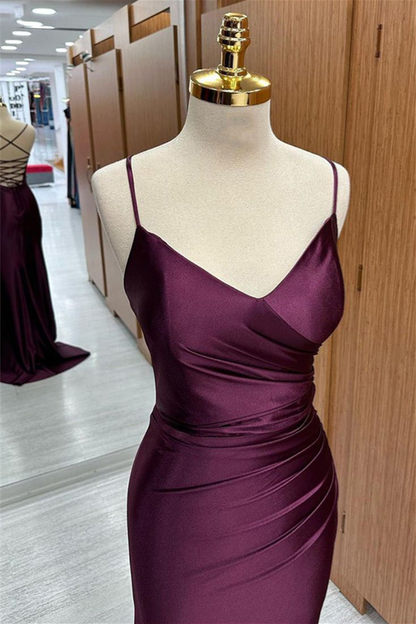 Satin V Neck Lace-Up Back Pleated Long Prom Dress cc641