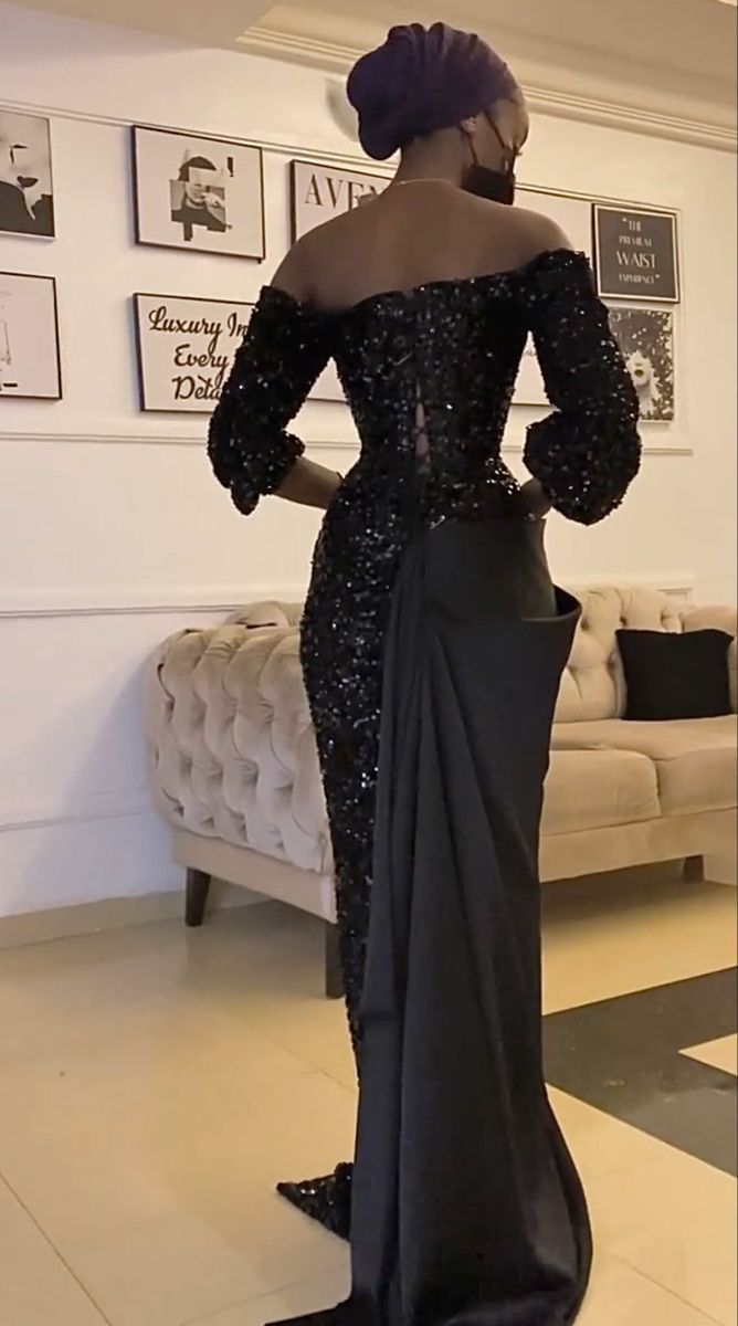 Unique Black Satin Sequins Long Prom Dress Sexy Party Evening Gown cc2243