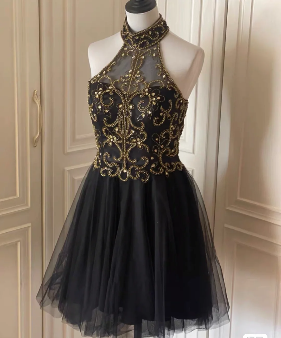 Charming Sleeveless Halter Tulle Beaded Cocktail Dress Black Homecoming Dress Birthday Outfits cc3176