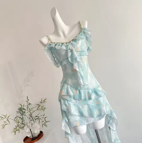 Simple Chiffon Blue Ruffle Party Dress Prom Gown cc3006