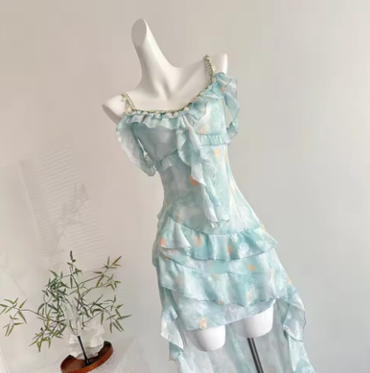 Simple Chiffon Blue Ruffle Party Dress Prom Gown cc3006