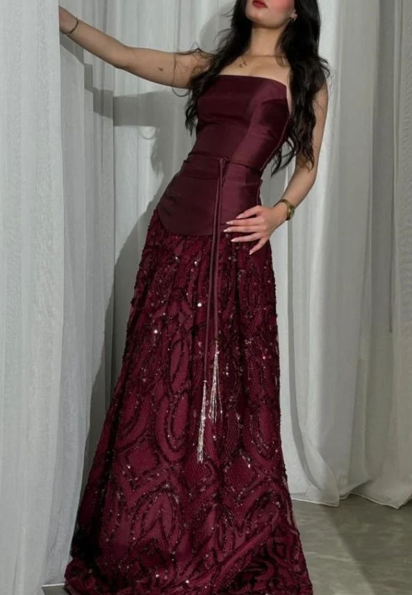 Vintage Burgundy Satin Sequin Evening Dress Formal Prom Dress cc3013