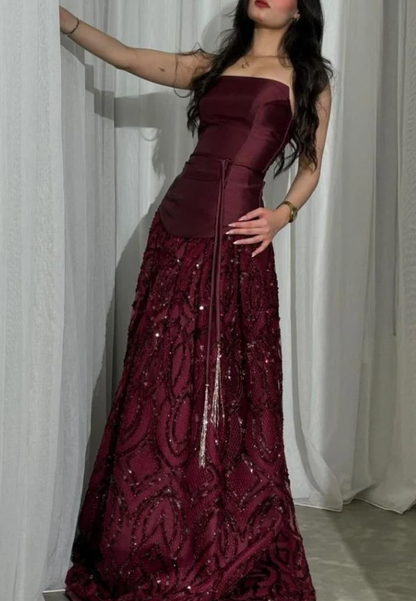 Vintage Burgundy Satin Sequin Evening Dress Formal Prom Dress cc3013