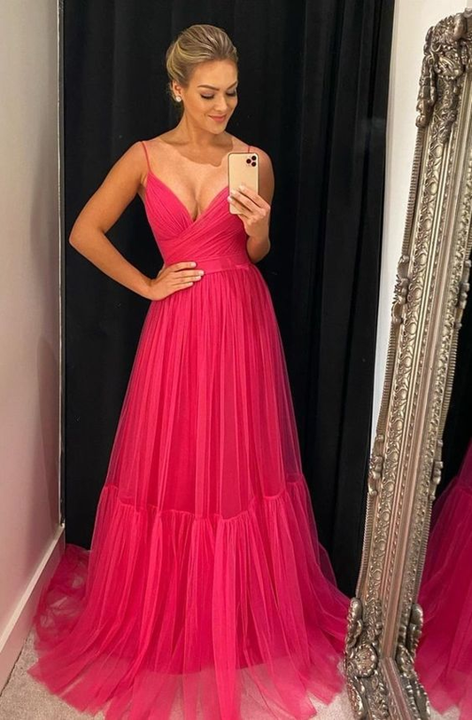 Hot Pink Tulle Prom Dresses Long Evening Gowns cc1088