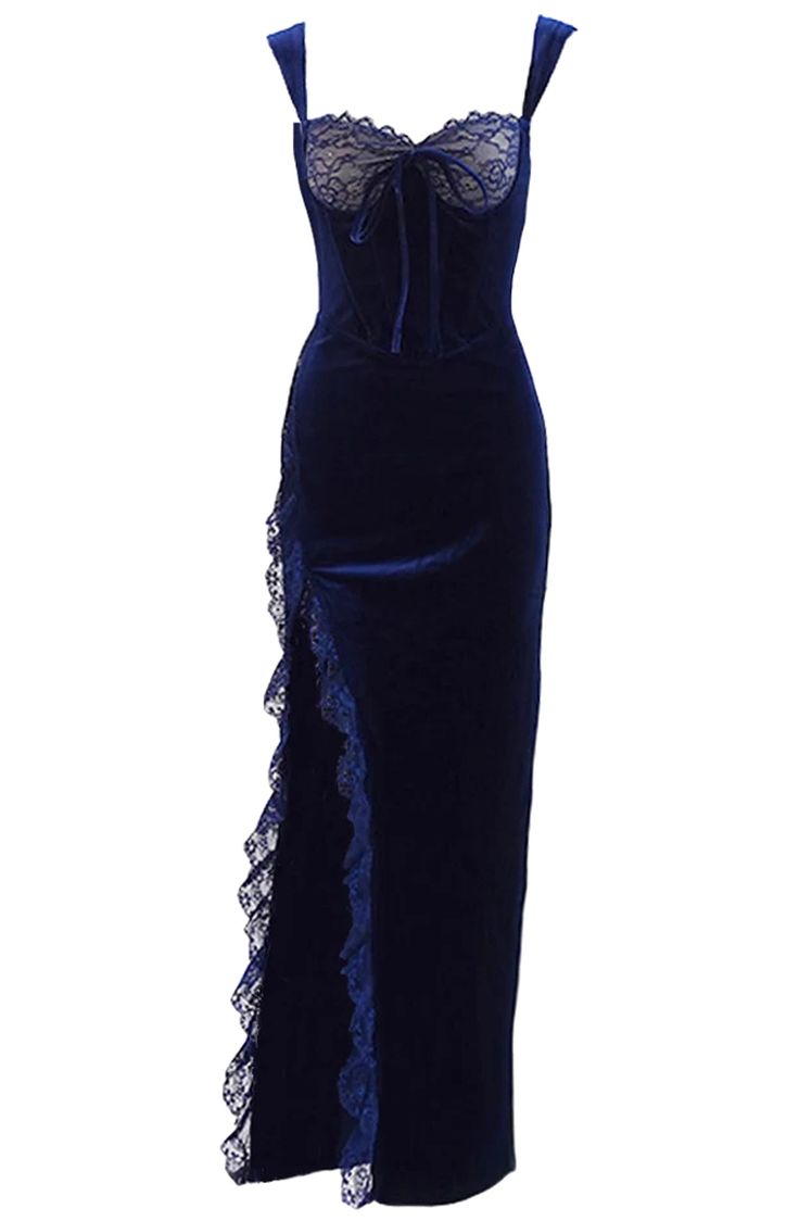 Sexy Blue Velvet Lace Slit Party Dress Sheath Prom Evening Gown cc2164