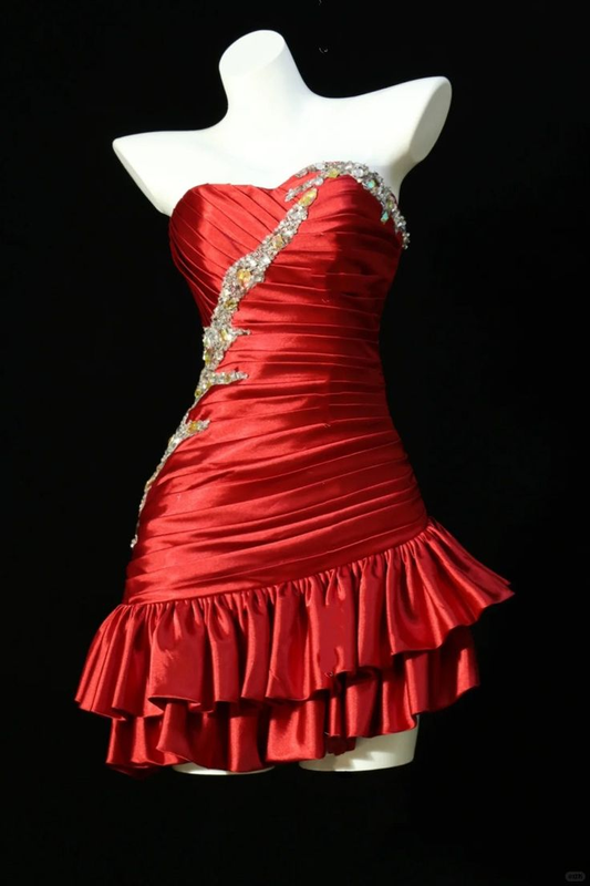 Vintage Strapless Red Satin Pleated Ruffle Cocktail Dress Sheath Short 8th Grade Homecoming cc3357