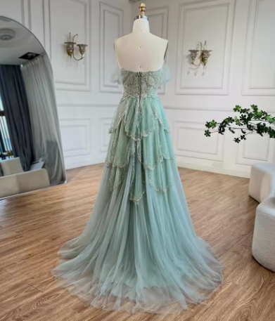 Off The Shoulder Tulle Beaded Evening Dress,Shiny Sage Green Prom Party Dress cc2584