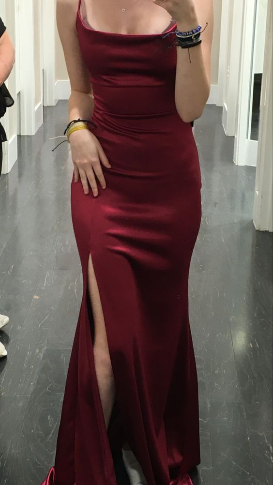 Modest Mermaid Burgundy Prom Dresses With Slit,Graduation Dress cc1347