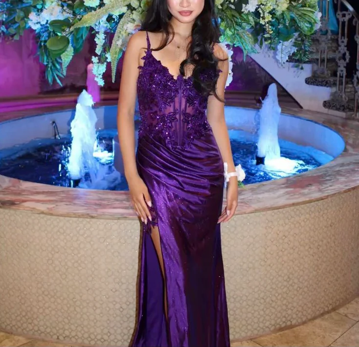 Purple Spaghetti Straps Mermaid Slit Evening Dress Prom Dress cc1987