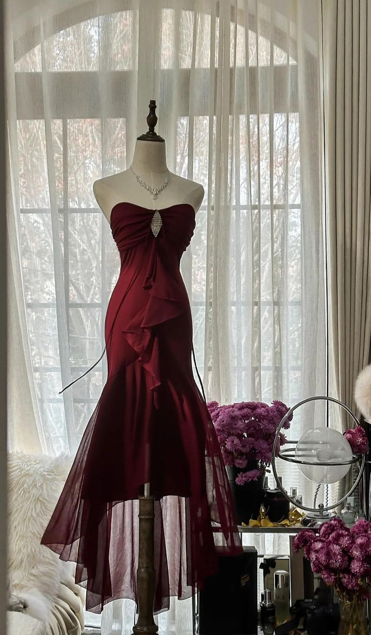 Burgundy Mermaid Chiffon Strapless Prom Dress Graduation Party Dress cc3021