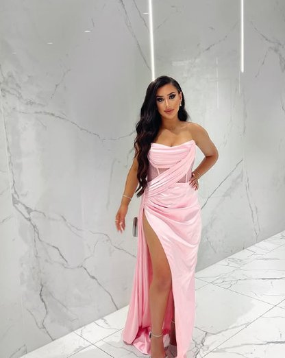 Sexy 17th Birthday Dress Strapless Mermaid Prom Dresses for Black Girls Thigh-High Slits Pleats Beading Birthday Outfits cc1232