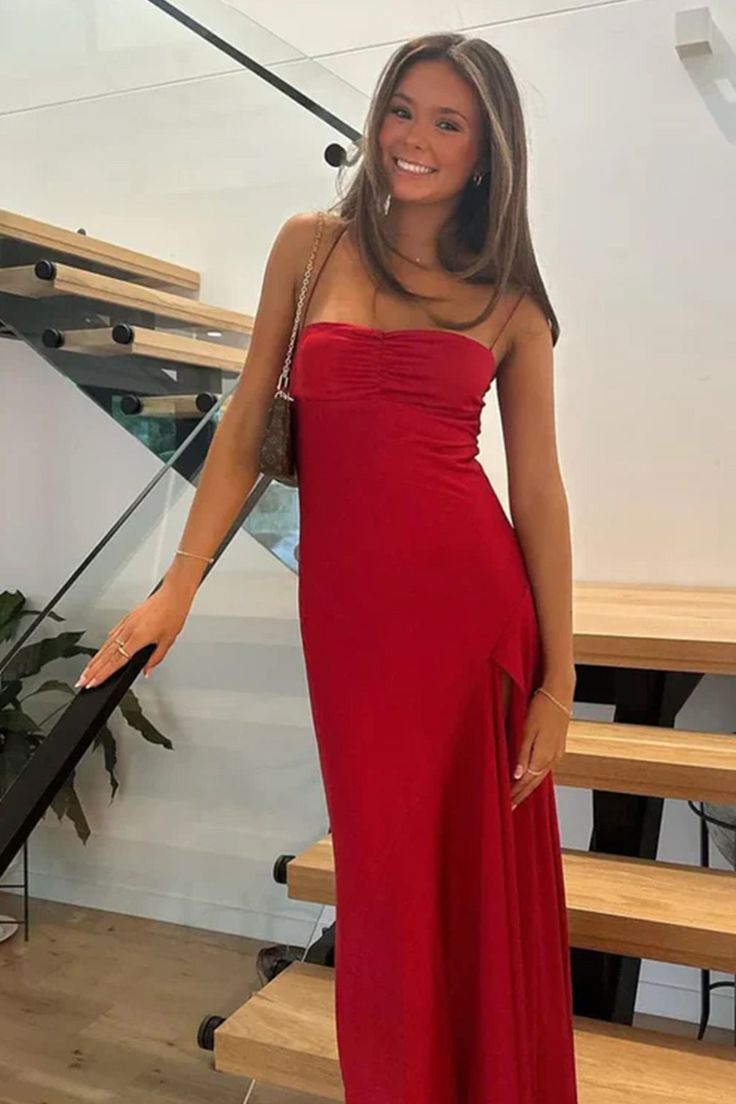 Simple Sweetheart Red Long Sheath Prom Dress With Split cc2225