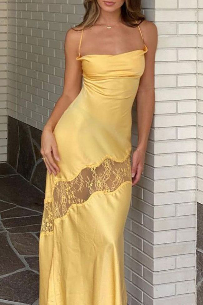 Classy Mermaid Straps Yellow Lace Hollow Out Long Prom Dress Birthday Dress cc1973