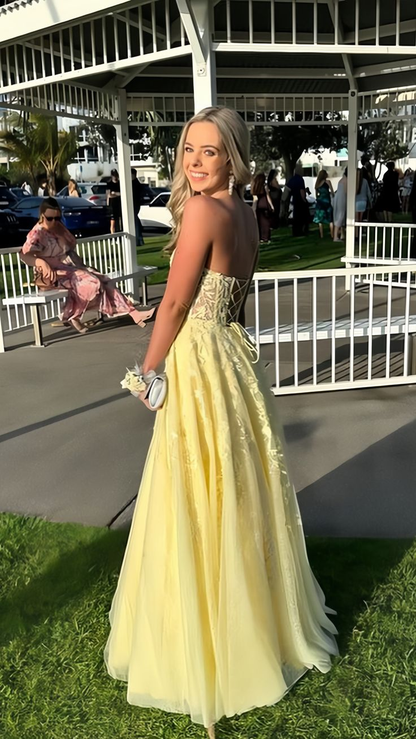 Sweet Yellow Strapless Tulle Appliques Evening Dress A Line Party Prom Dress cc2380