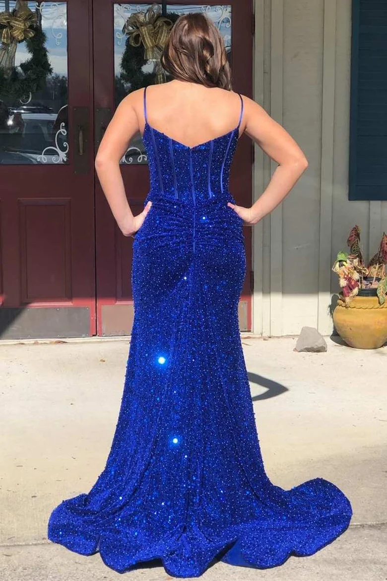 Royal Blue Sequin Split Neck Mermaid Long Prom Dress cc782